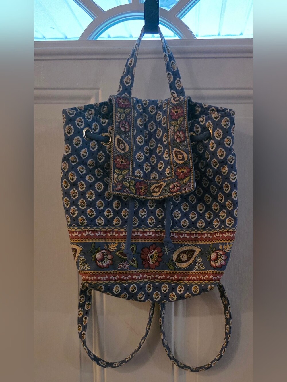 Blue Floral Quilted Drawstring Backpack Tote
